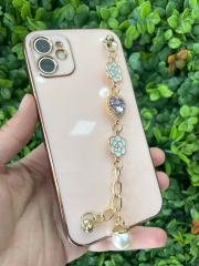 iPhone 11 Uyumlu Taşlı Tutamaçlı Pembe Renk Kılıf