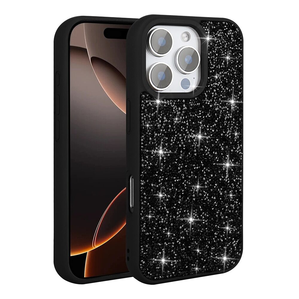 iPhone 16 Pro Max Kılıf Parlak Taşlı Tasarım Kılıf Siyah