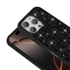 iPhone 16 Pro Max Kılıf Parlak Taşlı Tasarım Kılıf Siyah