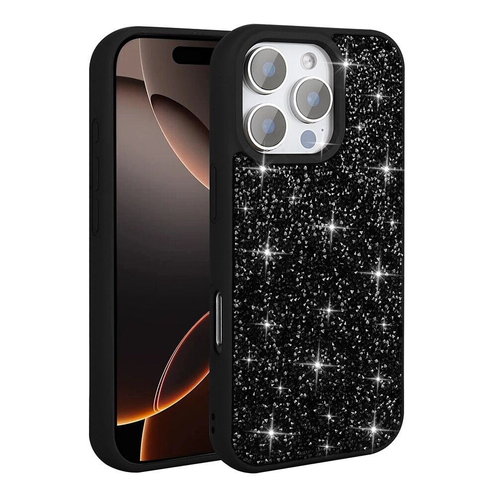 iPhone 16 Pro Kılıf Parlak Taşlı Tasarım Kapak Siyah