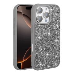 iPhone 16 Pro Kılıf Parlak Taşlı Tasarım Kılıf Gri