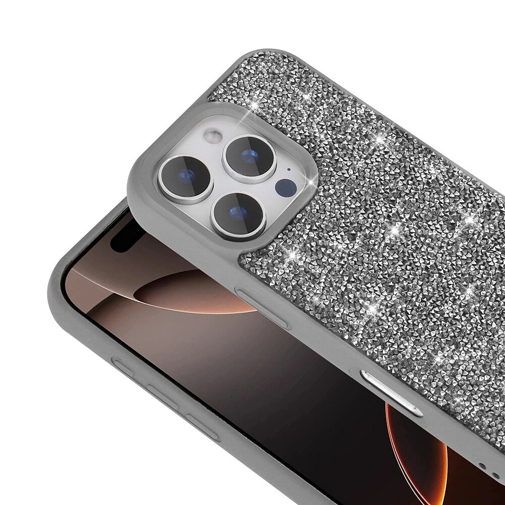 iPhone 16 Pro Kılıf Parlak Taşlı Tasarım Kılıf Gri