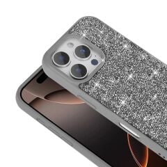iPhone 16 Pro Kılıf Parlak Taşlı Tasarım Kılıf Gri