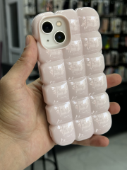 iPhone 13-14 Uyumlu 3D Dalgalı Dilimli Puf Şişkin Kamera Çıkıntılı Kılıf Toz Pembe