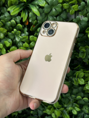 iPhone 13-14 Logolu Yumuşak Kılıf Gold Renk Kamera Korumalı