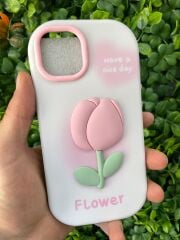 iPhone 13 - 14 Uyumlu Lale Desenli Kabartmalı 3D Üst seviye Korumalı Kılıf