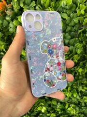 iPhone 13 Uyumlu Mor Renk Ayıcık Baskılı Arkası Desenli Yanları Yumuşak Kılıf