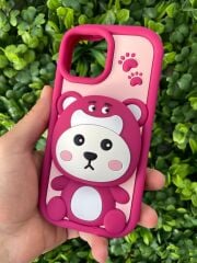 iPhone 13 - 14 Uyumlu Ayıcık Desenli Aynalı 3D Kabartmalı Kılıf Pembe