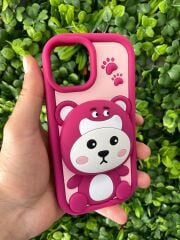 iPhone 13 - 14 Uyumlu Ayıcık Desenli Aynalı 3D Kabartmalı Kılıf Pembe