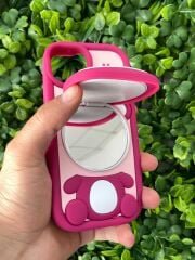 iPhone 13 - 14 Uyumlu Ayıcık Desenli Aynalı 3D Kabartmalı Kılıf Pembe