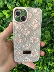 iPhone 14 Uyumlu Taşlı Lens Koruması ile Birlikte Pembe Taşlı Kılıf