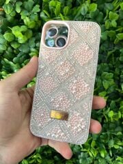 iPhone 14 Uyumlu Taşlı Lens Koruması ile Birlikte Pembe Taşlı Kılıf