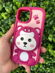 iPhone 12 Uyumlu Ayıcık Desenli Aynalı 3D Kabartmalı Kılıf Pembe