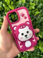 iPhone 12 Uyumlu Ayıcık Desenli Aynalı 3D Kabartmalı Kılıf Pembe