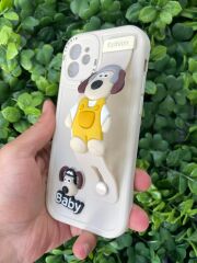 iPhone 12 Uyumlu Ayıcıklı 3D Baskılı Tutamaçlı Kılıf Beyaz Renk