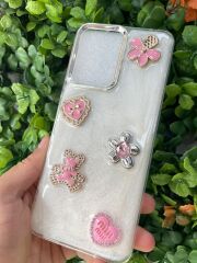 Redmi 12 Uyumlu Şeffaf 3D Taş Glitter Motifli Simli Kapak