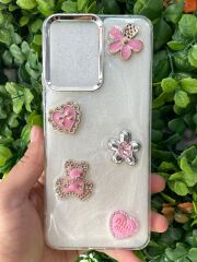 Redmi 12 Uyumlu Şeffaf 3D Taş Glitter Motifli Simli Kapak