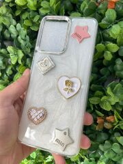 Redmi 12 Uyumlu Şeffaf 3D Taş Glitter Motifli Simli Kapak