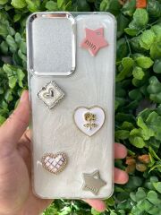 Redmi 12 Uyumlu Şeffaf 3D Taş Glitter Motifli Simli Kapak