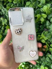 Redmi 12 Uyumlu Şeffaf 3D Taş Glitter Motifli Simli Kapak