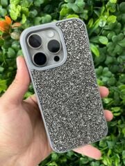 iPhone 16 Pro Parlak Taşlı Kılıf Gri Renk Yanları Slikon Üstün Korumalı