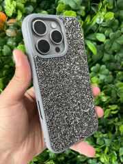 iPhone 16 Pro Parlak Taşlı Kılıf Gri Renk Yanları Slikon Üstün Korumalı