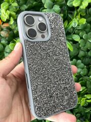iPhone 16 Pro Parlak Taşlı Kılıf Gri Renk Yanları Slikon Üstün Korumalı