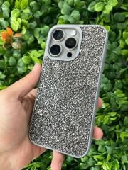 iPhone 16 Pro Max Parlak Taşlı Kılıf Gri Renk Yanları Slikon Üstün Korumalı
