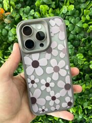 iPhone 16 Pro Uyumlu Papatya Desenli Gri Kılıf Kenar ve Kamera Korumalı