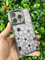 iPhone 16 Pro Uyumlu Papatya Desenli Gri Kılıf Kenar ve Kamera Korumalı