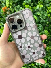 iPhone 16 Pro Uyumlu Papatya Desenli Gri Kılıf Kenar ve Kamera Korumalı