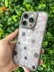 iPhone 16 Pro Uyumlu Papatya Desenli Gri Kılıf Kenar ve Kamera Korumalı