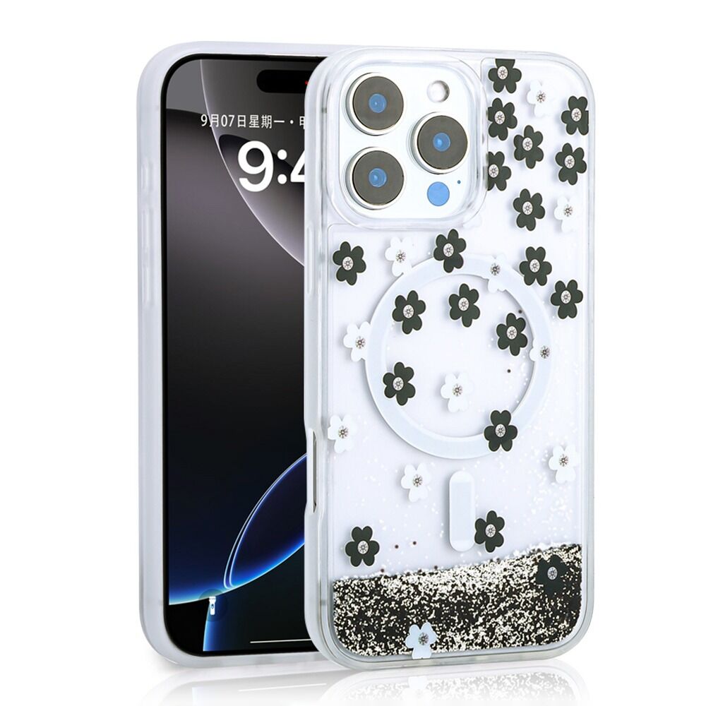Apple iPhone 16 Pro Max Kılıf Sıvılı Simli Baskılı Şeffaf Arka Yüzey Zore Silikon Kapak