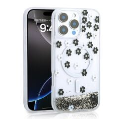 Apple iPhone 16 Pro Max Kılıf Sıvılı Simli Baskılı Şeffaf Arka Yüzey Zore Silikon Kapak