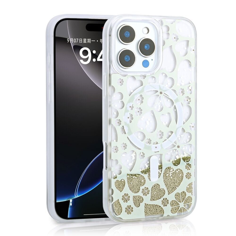 Apple iPhone 16 Pro Max Kılıf Sıvılı Simli Baskılı Şeffaf Arka Yüzey Zore Mossa Silikon Kapak
