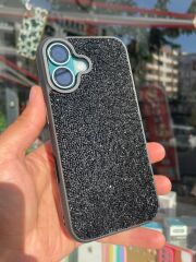 iPhone 16 Uyumlu Siyah Renk Taşlı Kılıf Kamera Korumalı Yanları Slikon