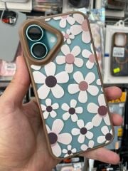 iPhone 16 Uyumlu Kenarlar Airbag Tasarımlı Üstün Koruma Papatya Desenli Kılıf Kahverengi