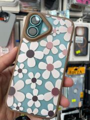 iPhone 16 Uyumlu Kenarlar Airbag Tasarımlı Üstün Koruma Papatya Desenli Kılıf Kahverengi
