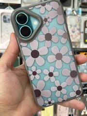 iPhone 16 Uyumlu Kenarlar Airbag Tasarımlı Üstün Koruma Papatya Desenli Kılıf Gri
