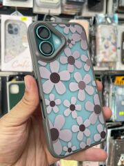 iPhone 16 Uyumlu Kenarlar Airbag Tasarımlı Üstün Koruma Papatya Desenli Kılıf Gri