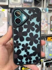 iPhone 16 Uyumlu Kenarlar Airbag Tasarımlı Üstün Koruma Papatya Desenli Kılıf Siyah