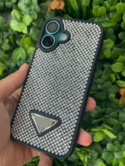 iPhone 16 Plus Uyumlu Siyah Parlak Taşlı Kılıf – Kamera Korumalı, Lüks Süet İç Kaplama