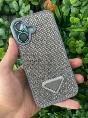 iPhone 16 Plus Uyumlu Gri Parlak Taşlı Kılıf – Kamera Koruyucu, Lüks Süet İç Tasarım