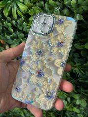 iPhone 15 Uyumlu Arkası Parlak Kamera Korumalı Taş Desenli Çiçekli Kılıf