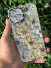 iPhone 15 Uyumlu Arkası Parlak Kamera Korumalı Taş Desenli Çiçekli Kılıf
