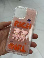 iPhone 15 Uyumlu Pembe Transparan Ayıcık Motifli Kılıf Slikon