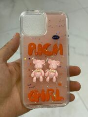 iPhone 15 Uyumlu Pembe Transparan Ayıcık Motifli Kılıf Slikon