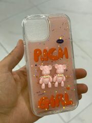 iPhone 15 Uyumlu Pembe Transparan Ayıcık Motifli Kılıf Slikon