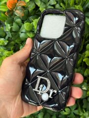 Apple iPhone 15 Pro Uyumlu DR Taşlı Siyah Simli Slikon Kılıf