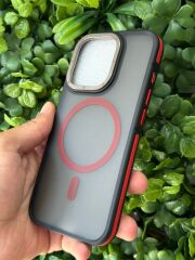 Apple iPhone 15 Pro Uyumlu Kırmızı Çizgili Siyah Slikon Koruması Yüksek Kılıf